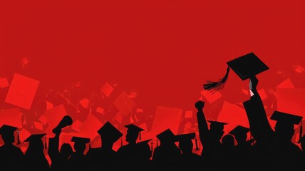 Wall Mural - Silhouette of graduates throwing caps in red - Illustrative image of black silhouettes of graduates tossing their caps in the air on a striking red background, representing achievement