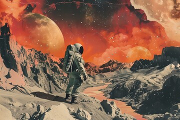 Astronaut walking on an alien planet with moons. Digital art collage. Design for poster, banner, print. Science fiction and adventure concept. Space exploration