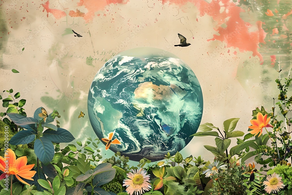 Meadow with Earth in the background. Surreal digital collage. Design ...