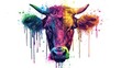  a painting of a cow's head with multicolored paint splatters on the cow's face and the cow's head is looking straight ahead.