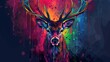  a painting of a deer with colorful paint splatches on it's face and antlers on its head, in front of a dark background of multi - colored drops of water.