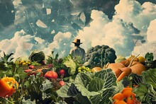 Surreal Farm Landscape With Farmer. Digital Art Collage. Design For Poster, Banner, Social Media. Torn Paper Effect. Agriculture, Harvesting And Farming Concept