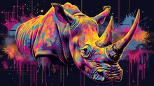  A Painting Of A Rhinoceros With Colorful Paint Splatches On It's Face And A Background Of Lines And Dots In The Shape Of The Rhinoceros.