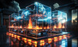 Futuristic neon cloud computing concept with glowing, cybernetic server racks within a cloud icon, representing data storage, network infrastructure, and digital technology advancements