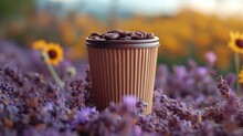  A Close Up Of A Cup Of Coffee In A Field Of Flowers With Sunflowers In The Foreground And A Blurry Background Of Yellow And Purple Flowers In The Foreground.