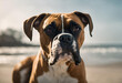 Cachorro da raça Boxer sentado na praia