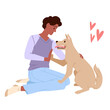 Boy and dog giving high five together among red hearts. Happy pet owner and animals making gesture of friendship, love and trust, guy training cute puppy to give paw cartoon vector illustration
