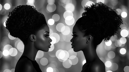 Wall Mural -  a black and white photo of two women facing each other in front of a boke of lights in black and white, with the image of two women facing each other.