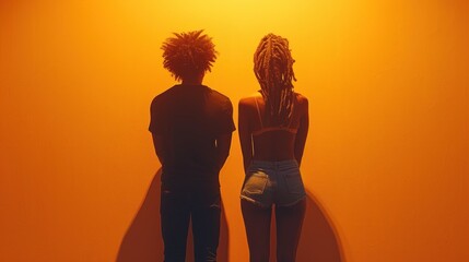 Wall Mural -  a man and a woman standing next to each other in front of a yellow wall with the shadow of a woman with dreadlocks on the back of her head.