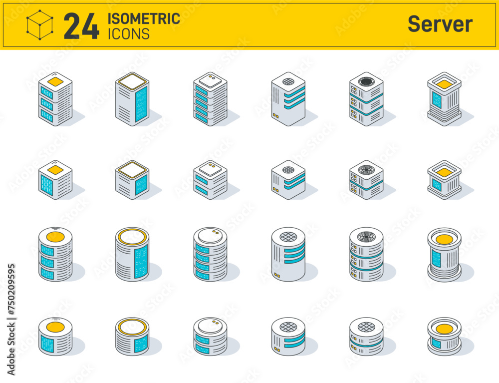 Set of isometric server rack icons on a white background. Data center ...