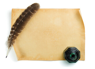 Wall Mural - Old paper document with quill pen and ink bottle isolated on a white background