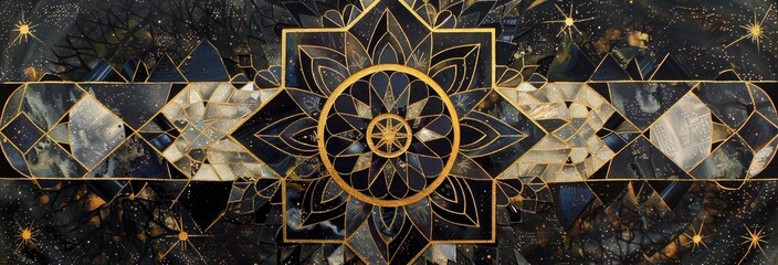 Wall Mural - A celestial-themed mandala with intricate geometric patterns and gold metallic highlights 