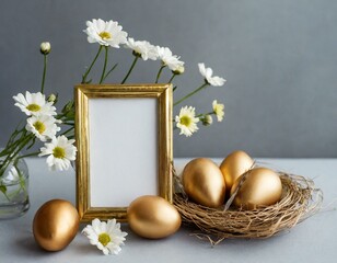  Gold colored Easter eggs with flowers on a grey background and empty frame, minimal creative concept with empty space for banner