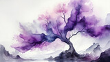 Fototapeta  - Drzewo abstrakcja, akwarela fiolet i biel