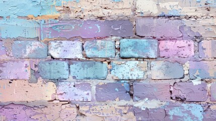 The background texture displays a colorful brick wall featuring shades of purple, blue, pink, and beige