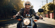 Old woman biker riding chopper motorcycle. The coolest biker grandma. Generative AI