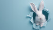 Curious white rabbit peeks through torn blue paper background, Minimalistic, Digital art, Easter, Spring