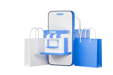 Poster - 3d store shop building with smartphone and shopping bag icon. E-commerce, Online Shopping concept, Convenience store shopping online delivery service on mobile application, 3d rendering illustration.