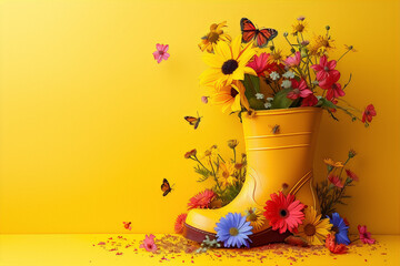 Wall Mural - 3D render of a yellow rubber boot with a bouquet of colorful flowers and butterflies on a yellow background.