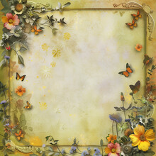 Background With Frame And Flowers, Butterflies