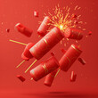 3D rendering of red firecrackers with golden sparks on red background.