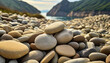 Smooth river rocks, nature's art, symbolize tranquility and resilience in a serene backdrop