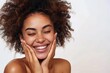 Portrait of a woman radiating happiness and confidence Touching her flawless skin Embodying the results of premium skincare and beauty treatments