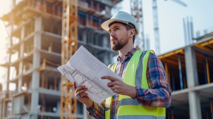 A construction worker wearing a hard hat and high-visibility clothing examines a blueprint at a building site. AIG41