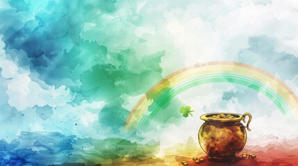 Wall Mural - Artistic watercolor, rainbow ending in a pot of gold, cloudy sky, St. Patrick's Day celebration background. Card with copy space. Banner.