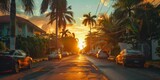 Fototapeta Paryż - Picturesque street in Dominican Republic at sunset