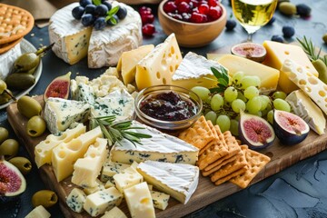 Wall Mural - Assorted cheese board with crackers breadsticks figs olives and berries