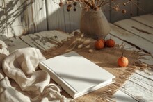 Blank Diary Notepad And Book On Wooden Table With Cape Gooseberry In Vase Beige Carpet Background Scandinavian Boho Style
