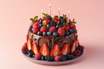 Poster - Chocolate birthday cake with fresh fruits berries and lit candles on a popular light pink backdrop