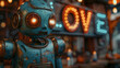 Robots and Ai dealing with love sign neon color