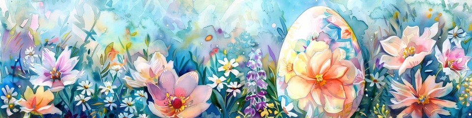 Wall Mural - Artistic watercolor, close-up of a decorated Easter egg, surrounded by spring blooms, large area for copy on the right side. Card, frame. Banner.