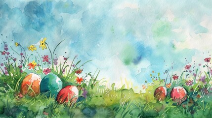 Wall Mural - Artistic watercolor, Easter egg hunt scene with hidden eggs among grass and flowers, wide-open space in the sky for copy, dynamic composition. Card, frame. Banner.