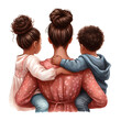 Mother’s day clipart-mother back with two kids boy and girl, siblings, twins, African American mom, Latino, Asian mother.