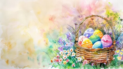 Wall Mural - Watercolor painting, Easter basket filled with multicolored eggs, gentle floral backdrop, significant blank area at the top for text. Card. Banner.