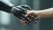 AI robot handshake a human hand. Digital and human interaction in the futuristic digital age of advanced robotics and technology. Science and artificial intelligence.