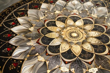 Wall Mural - A celestial-themed mandala with intricate geometric patterns and gold metallic highlights 