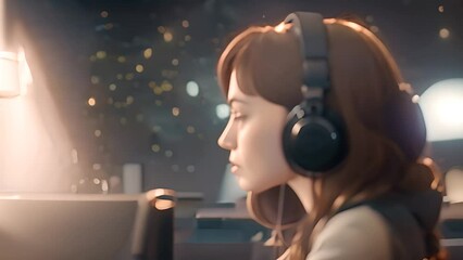 Poster - woman with headphones sitting in front of laptop generative ai
