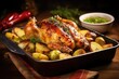 Tasty chicken meat baked with potatoes and Brussels sprouts. Food background. homemade holiday dinner