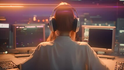 Poster - woman wearing headphones sitting at computer generative ai
