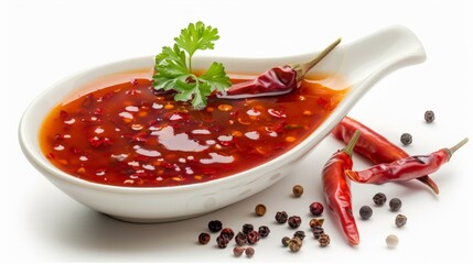Wall Mural - Red chili sauce in the sauce boat. With pepper. Isolated on white background
