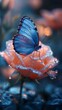 Blauer Schmetterling auf einer Rose, leuchtende Atmosphäre, Weiß und Aquamarin, glänzende Wassertropfen