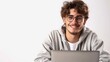 Successful caucasian young man student freelancer using laptop, watching webinars, working remotely, e-learning e-commerce online isolated in white background