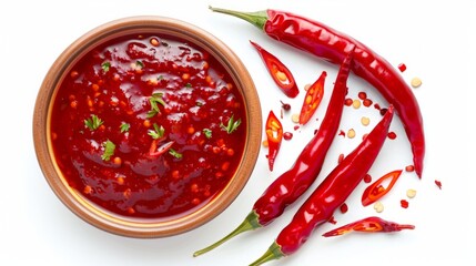 Poster - Sweet chili sauce in ceramic bowl isolated on a white background.Top view