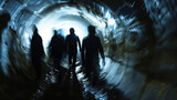 Fototapeta Uliczki - A group of shadowy figures are shown walking through a narrow winding tunnel their faces obscured and their purpose unknown.