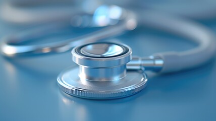 High-quality stethoscope lying on a reflective blue surface with a soft-focus background