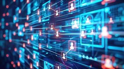 Leinwandbilder - Abstract visualization of network data connections with glowing nodes and blue tones